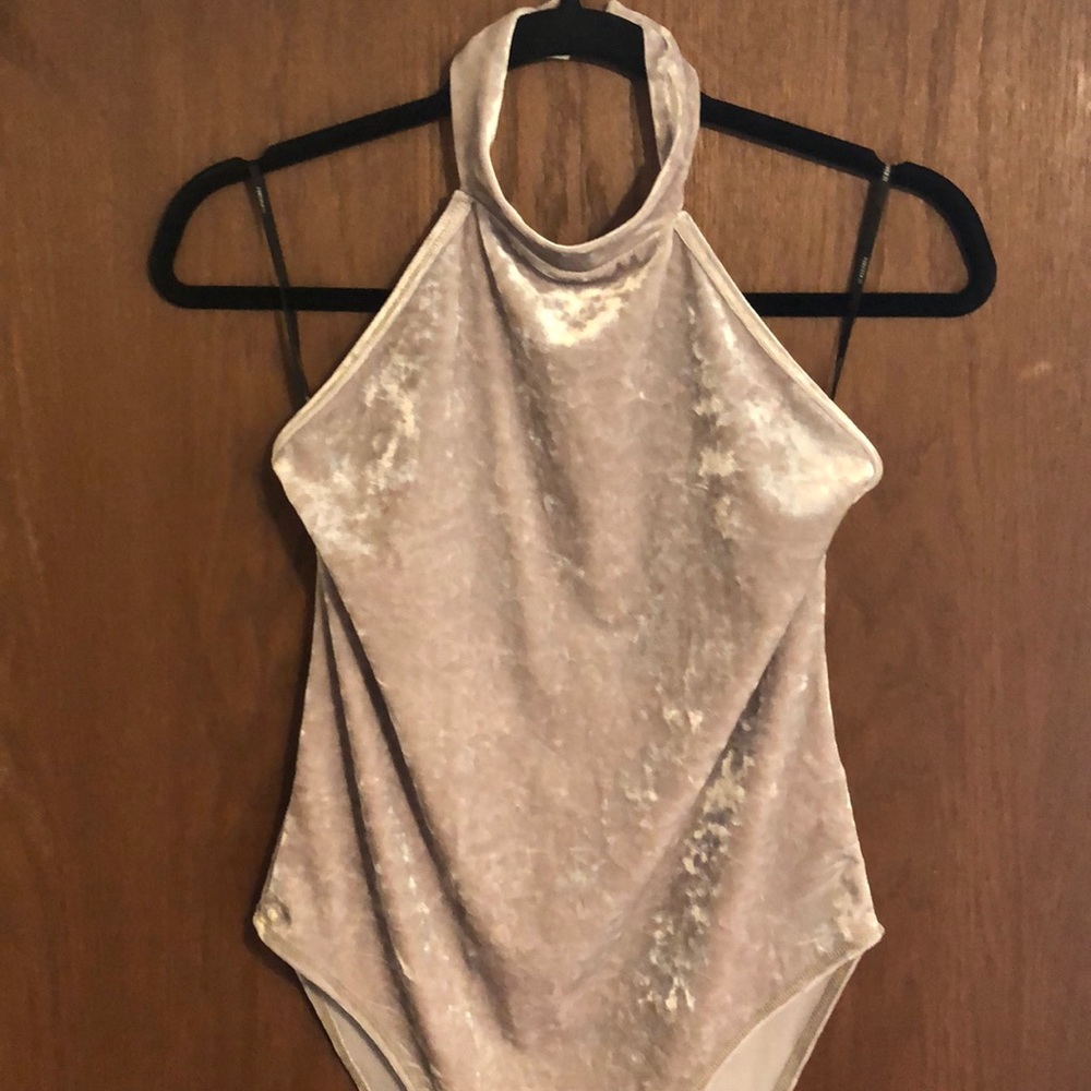 Crushed Velvet Bodysuit, Grey, Halter, Open back